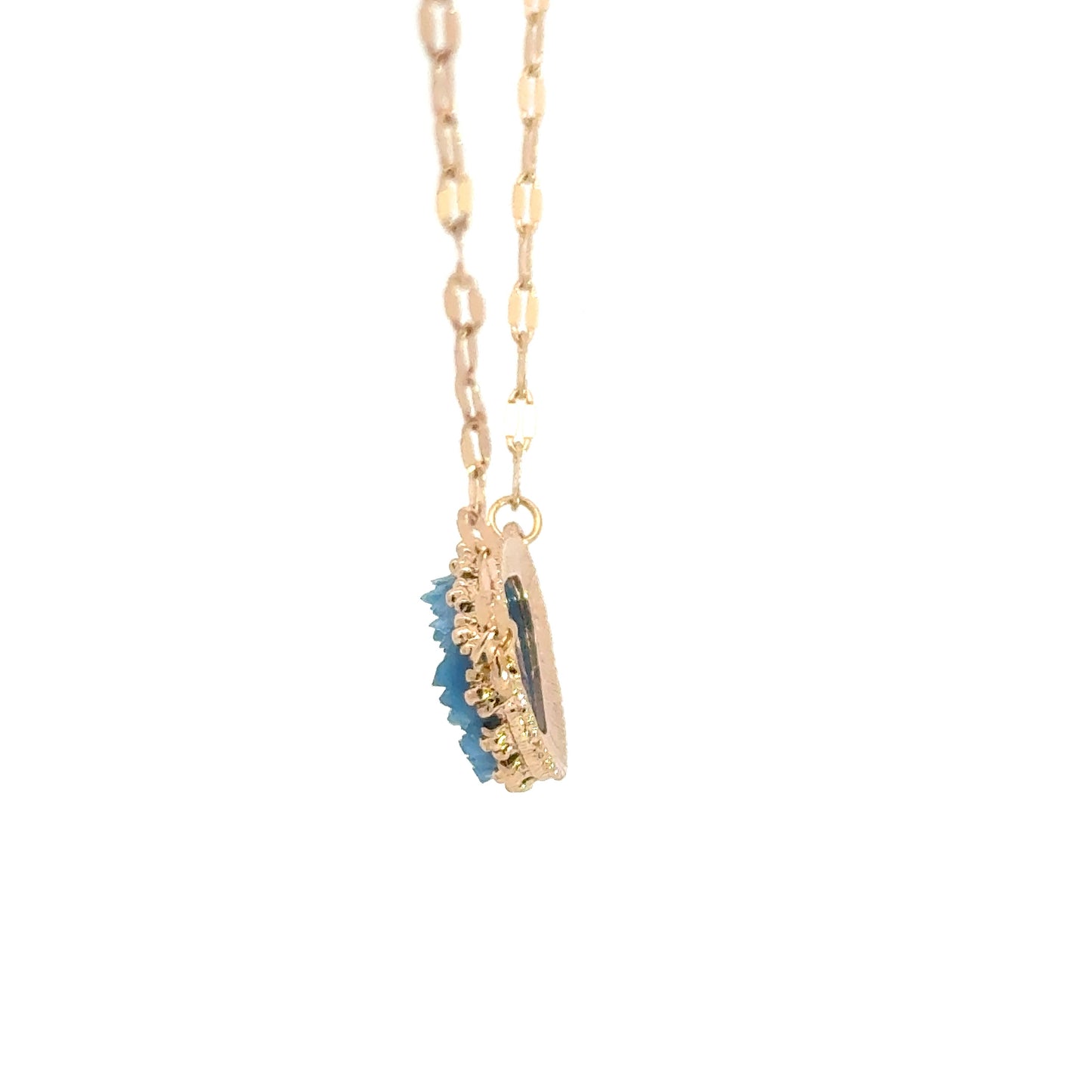 Gold Chain Necklace with Blue Crystal Cabochon Pendant