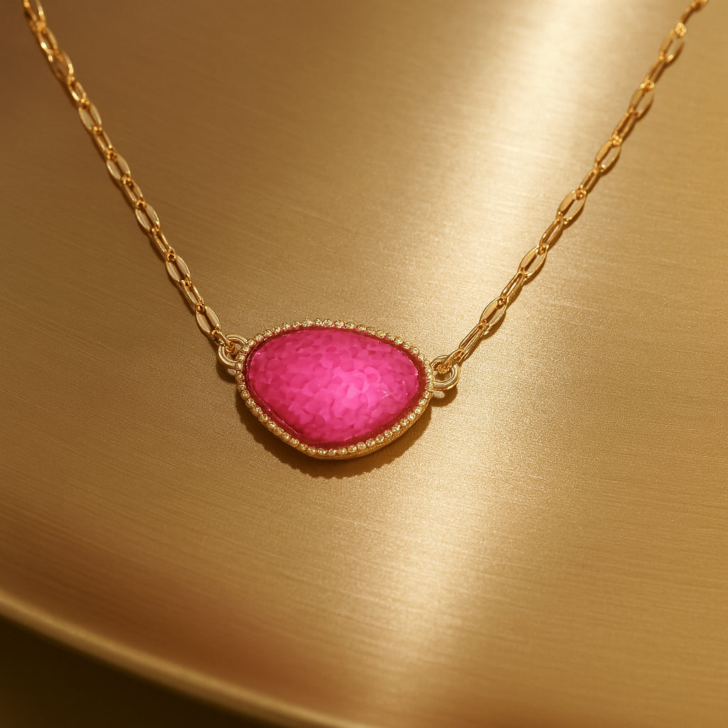 Gold Chain Necklace with Reddish Purple Rose Quartz Cabochon Pendant
