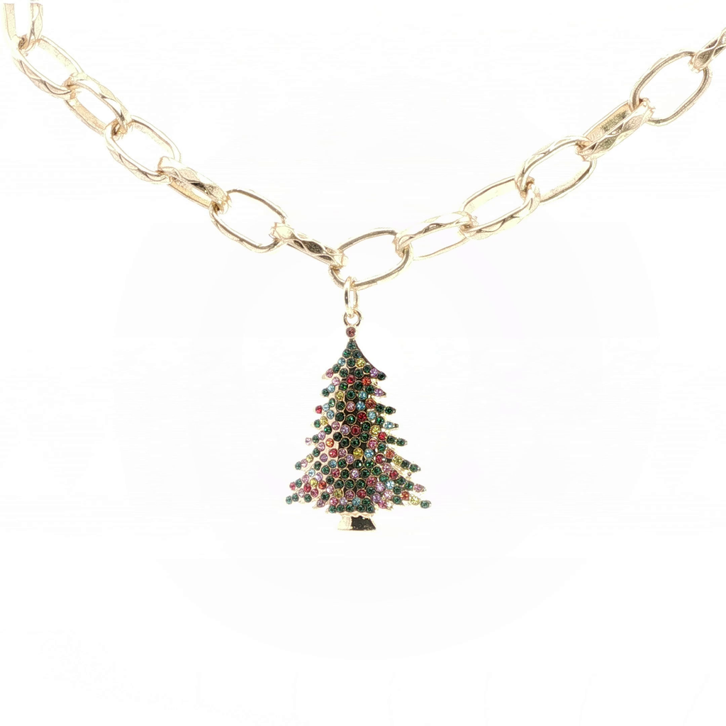 Yellow Gold Christmas Tree Charm Necklace with Green Crystal Beads