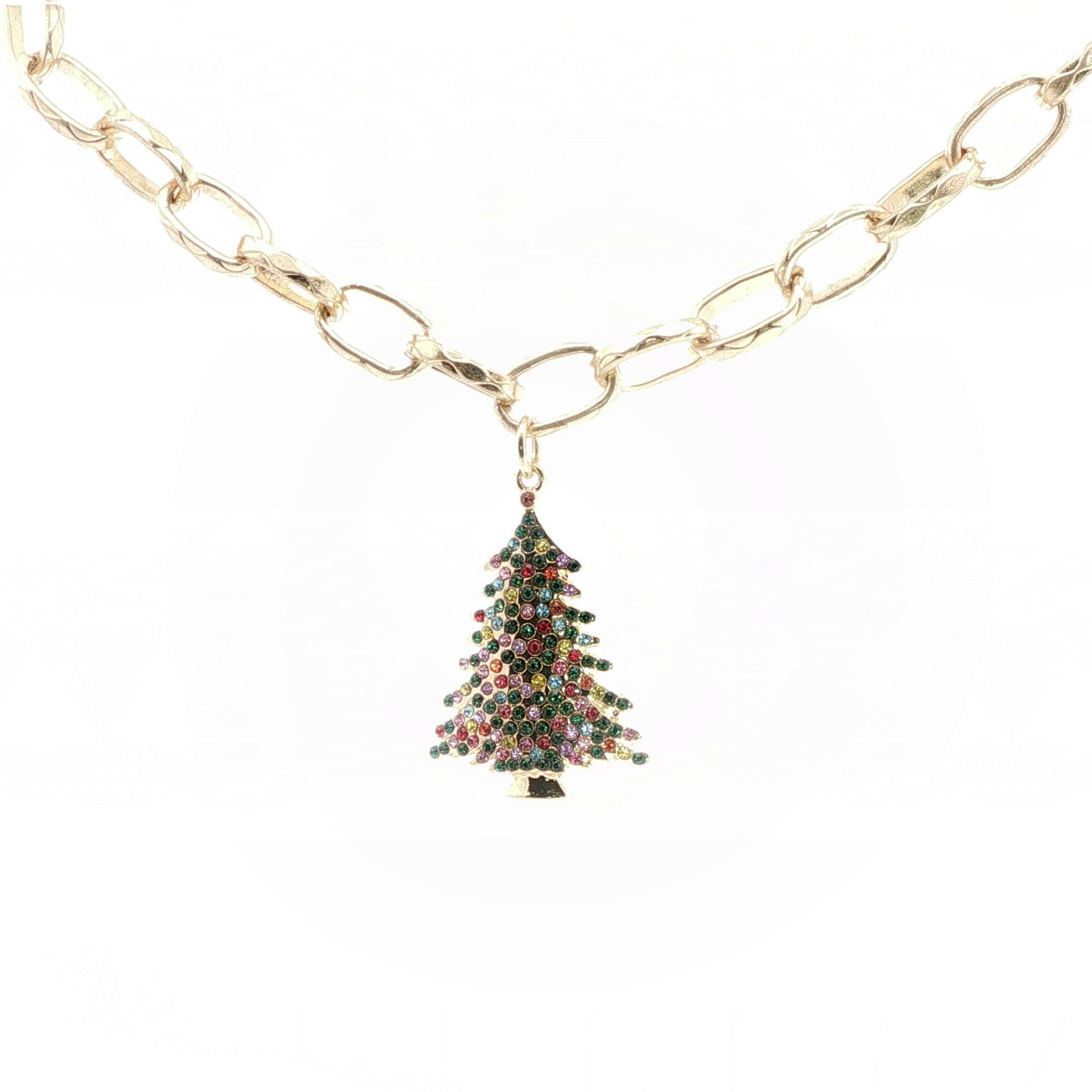 Yellow Gold Christmas Tree Charm Necklace with Green Crystal Beads