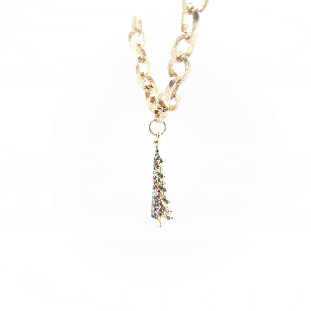 Yellow Gold Christmas Tree Charm Necklace with Green Crystal Beads