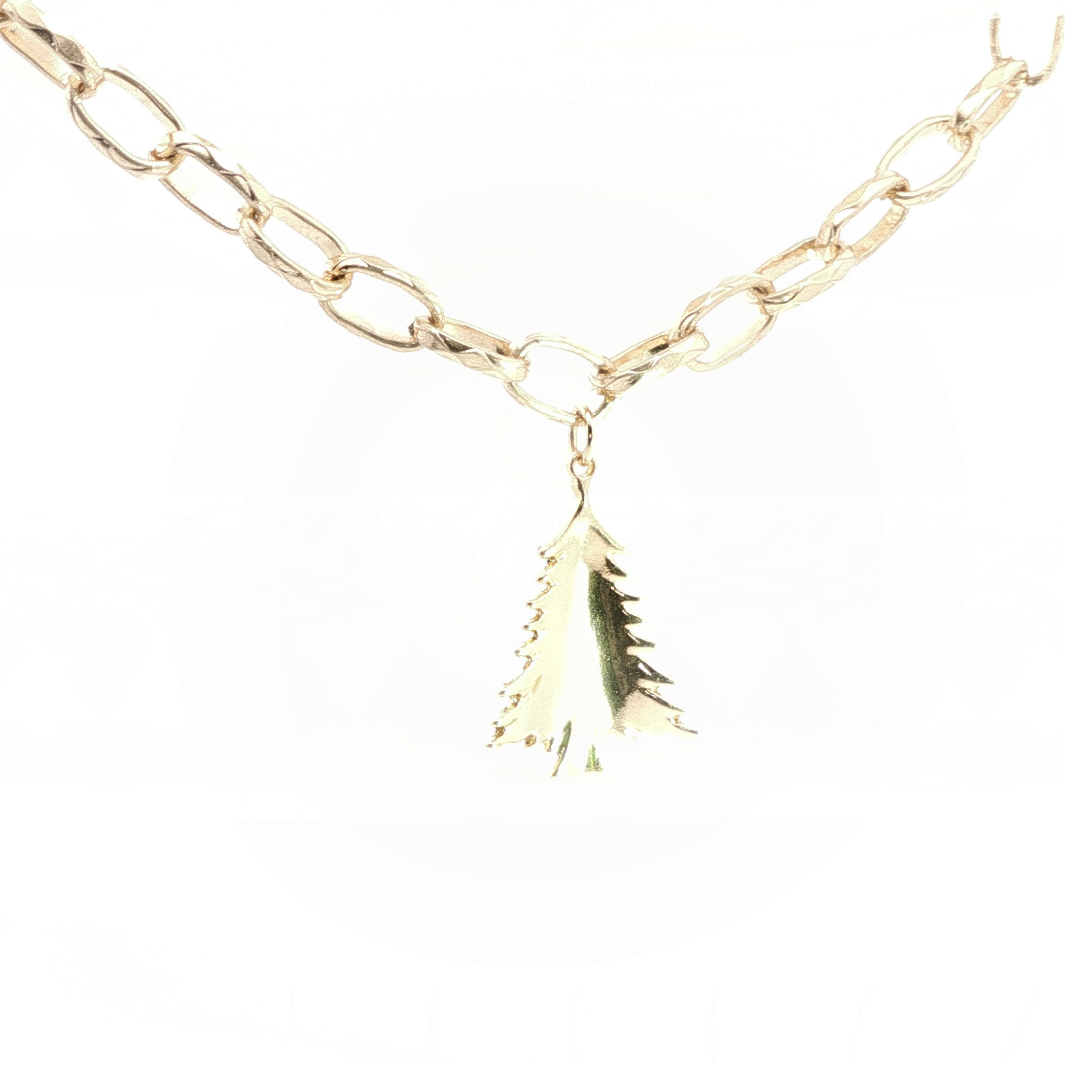 Yellow Gold Christmas Tree Charm Necklace with Green Crystal Beads