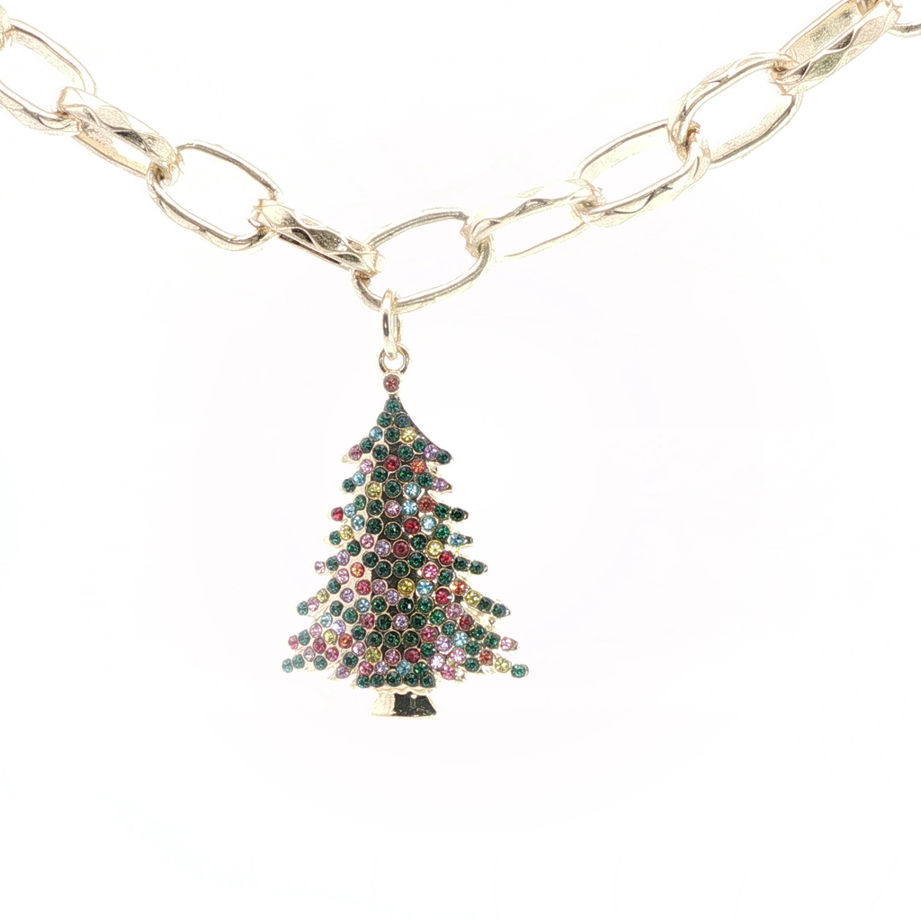Yellow Gold Christmas Tree Charm Necklace with Green Crystal Beads
