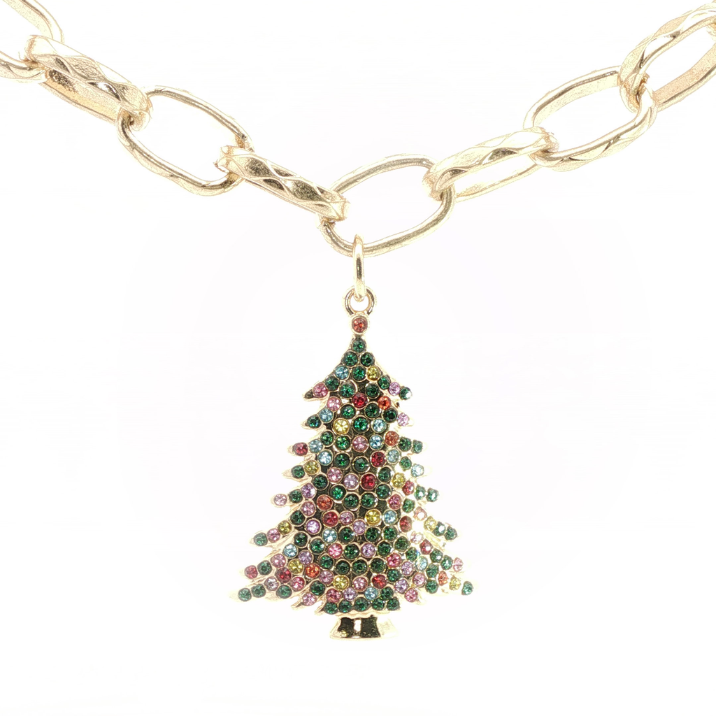 Yellow Gold Christmas Tree Charm Necklace with Green Crystal Beads