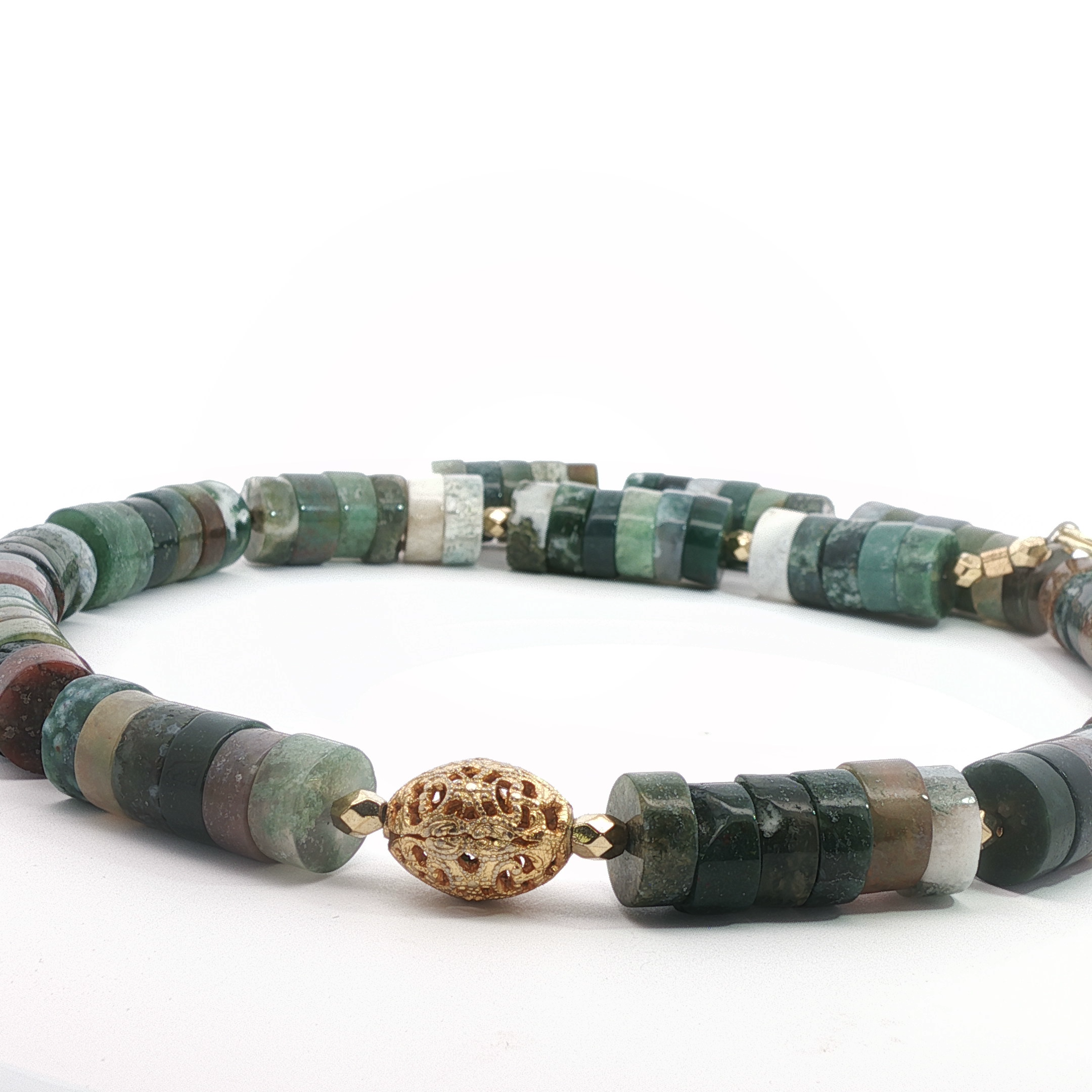 Green Jade Beaded Necklace with Yellow Gold Accents