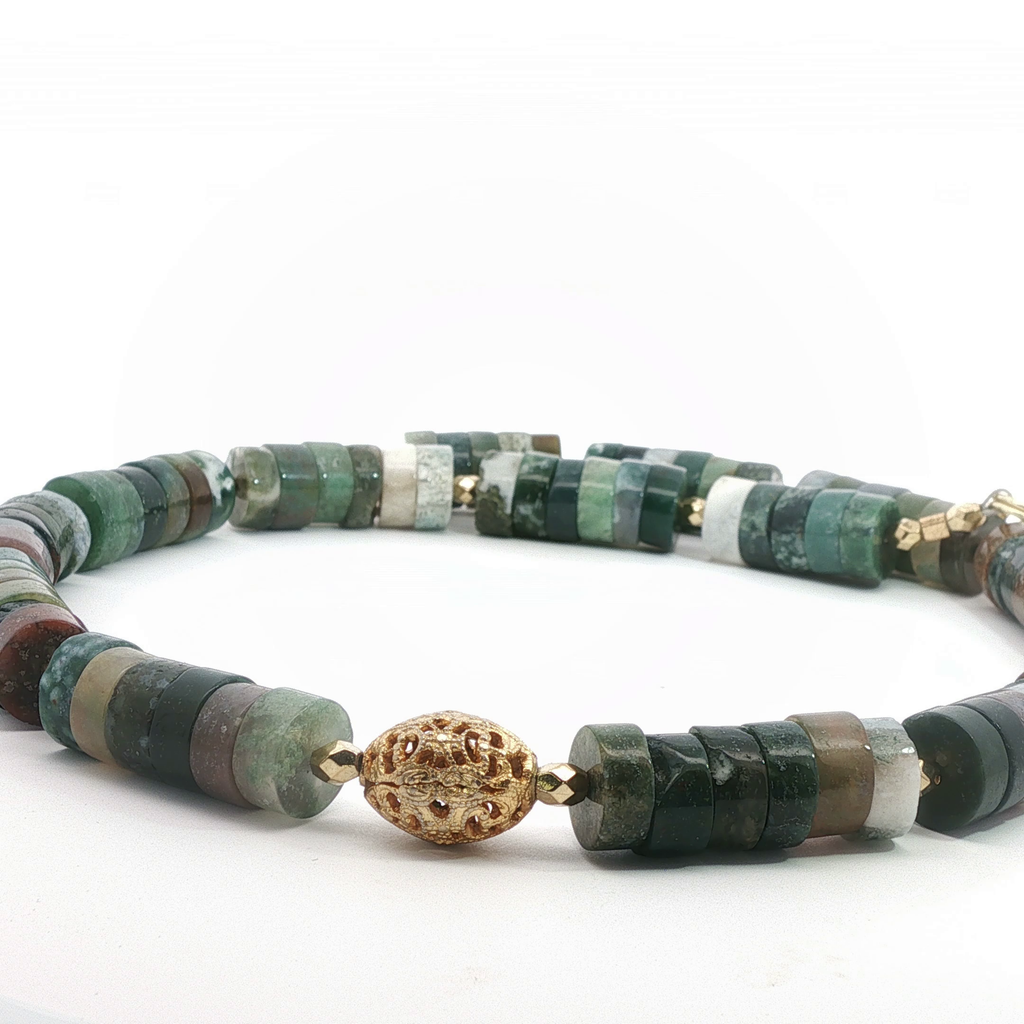 Green Jade Beaded Necklace with Yellow Gold Accents