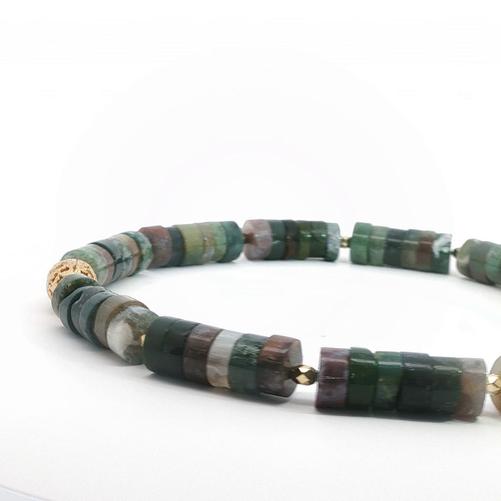 Green Jade Beaded Necklace with Yellow Gold Accents