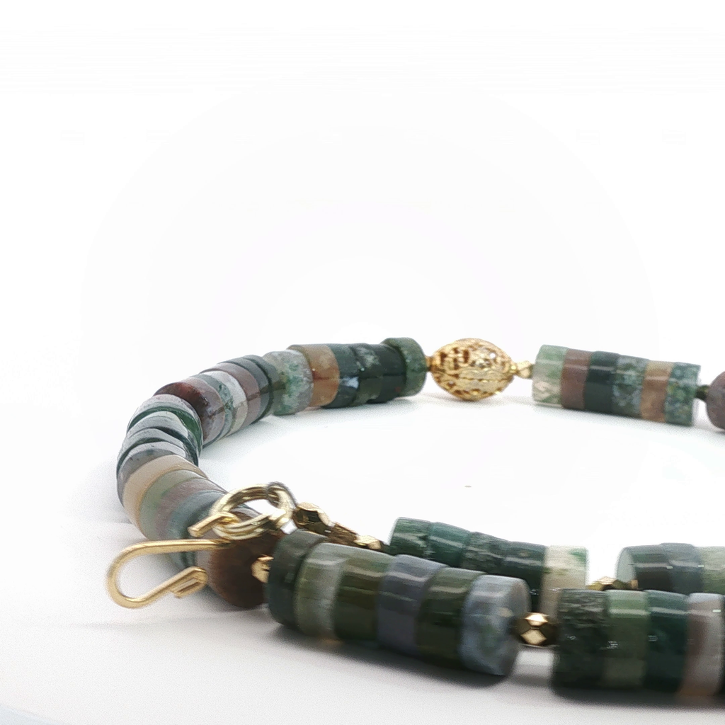 Green Jade Beaded Necklace with Yellow Gold Accents