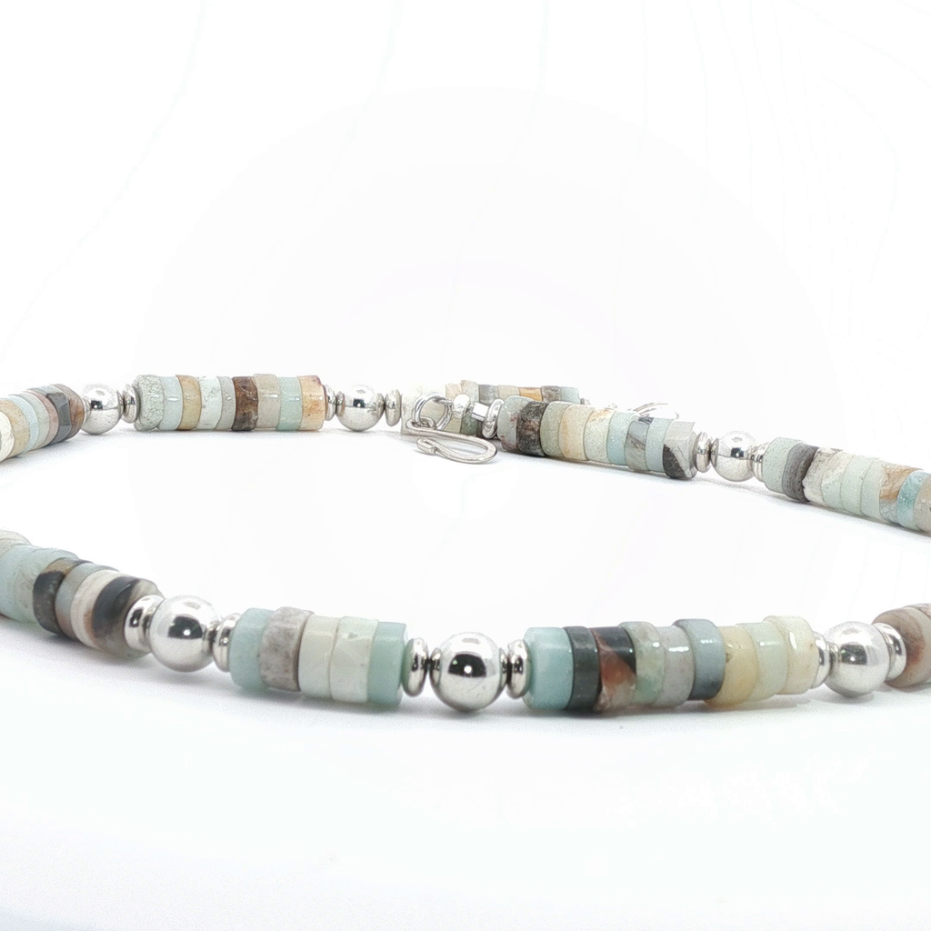Sterling Silver Beaded Necklace with Amazonite Cabochon Gemstones