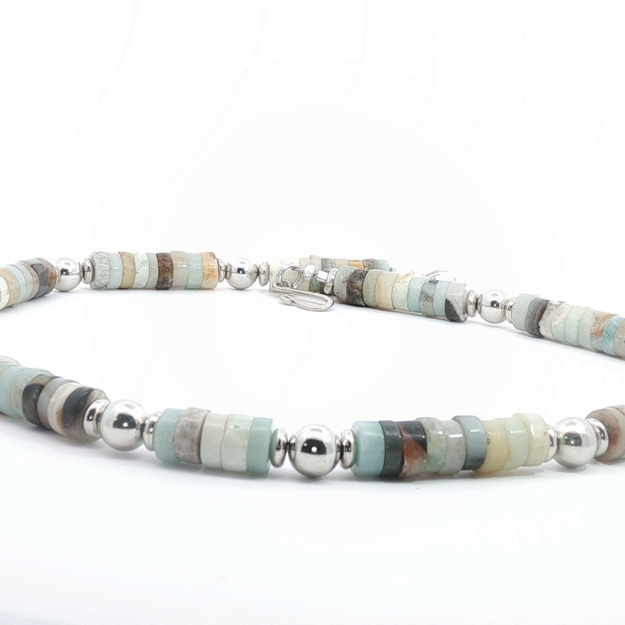 Sterling Silver Beaded Necklace with Amazonite Cabochon Gemstones