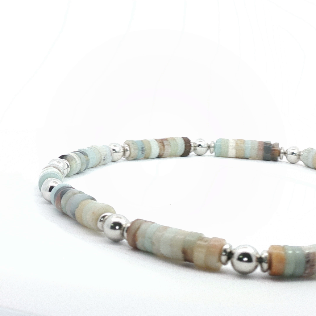 Sterling Silver Beaded Necklace with Amazonite Cabochon Gemstones
