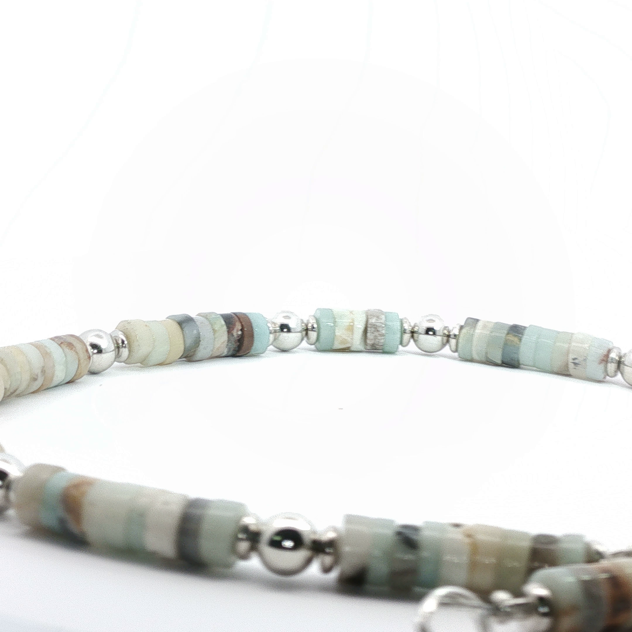 Sterling Silver Beaded Necklace with Amazonite Cabochon Gemstones