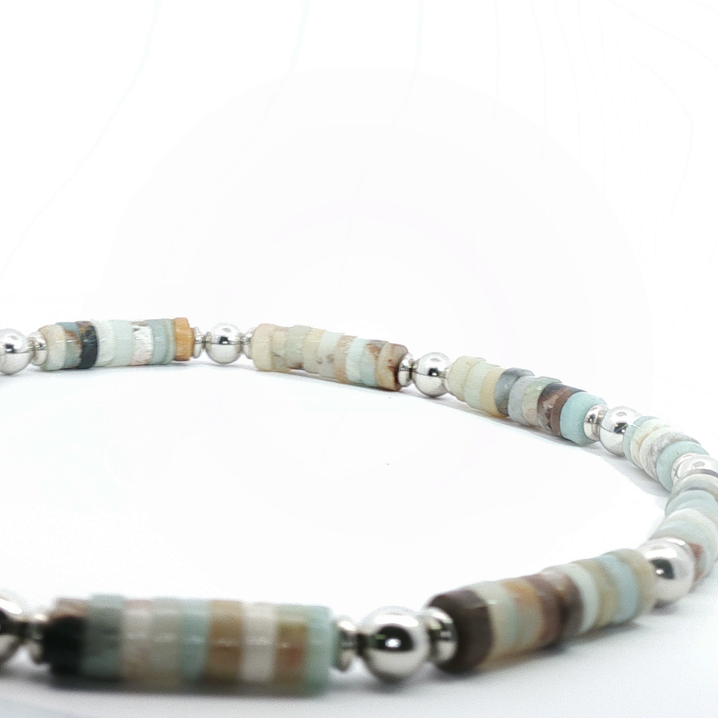 Sterling Silver Beaded Necklace with Amazonite Cabochon Gemstones