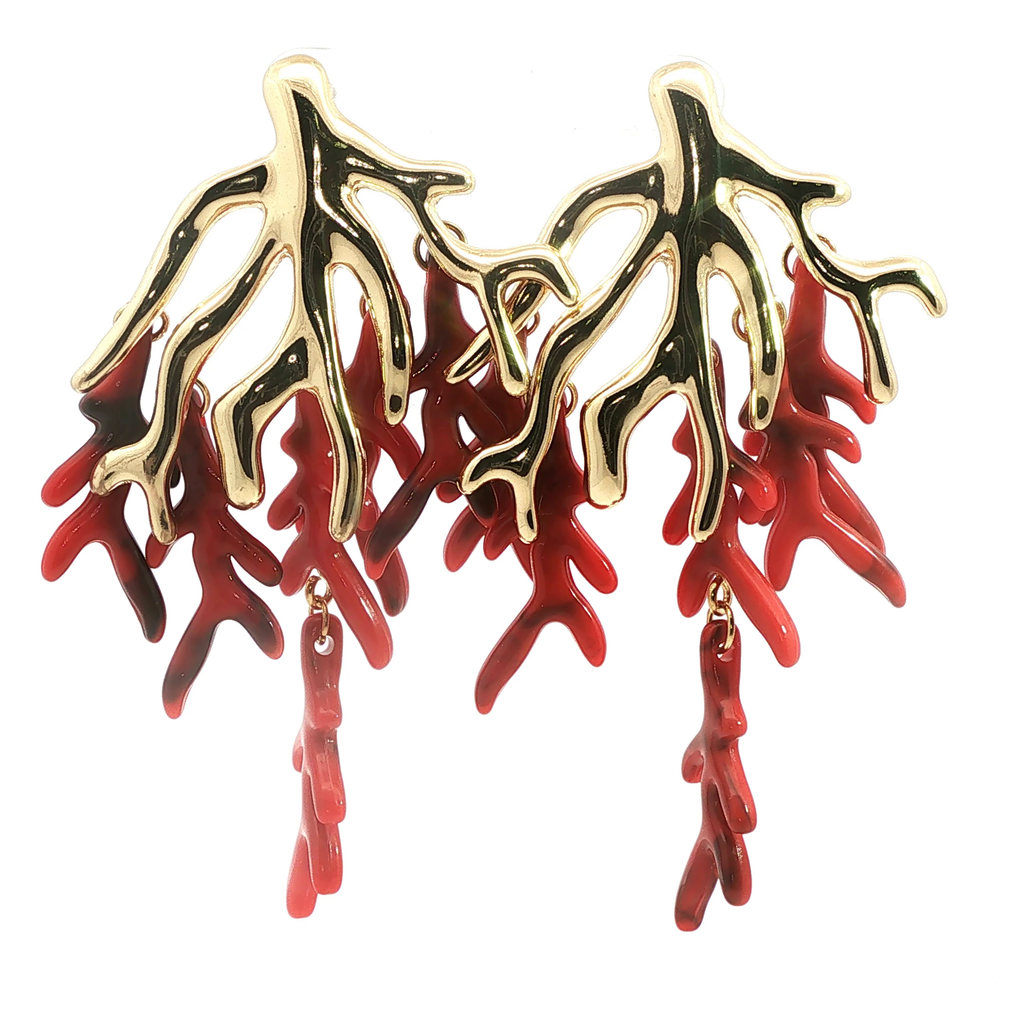 Yellow Gold and Red Coral Branch Drop Earrings