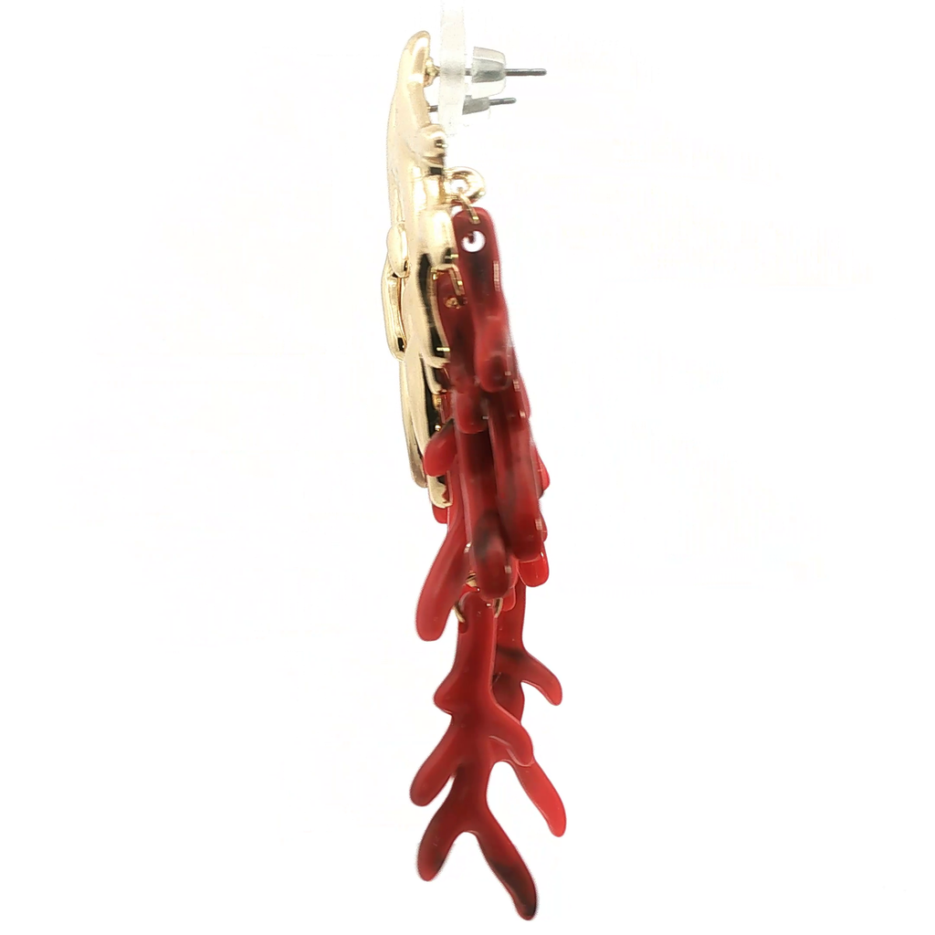 Yellow Gold and Red Coral Branch Drop Earrings