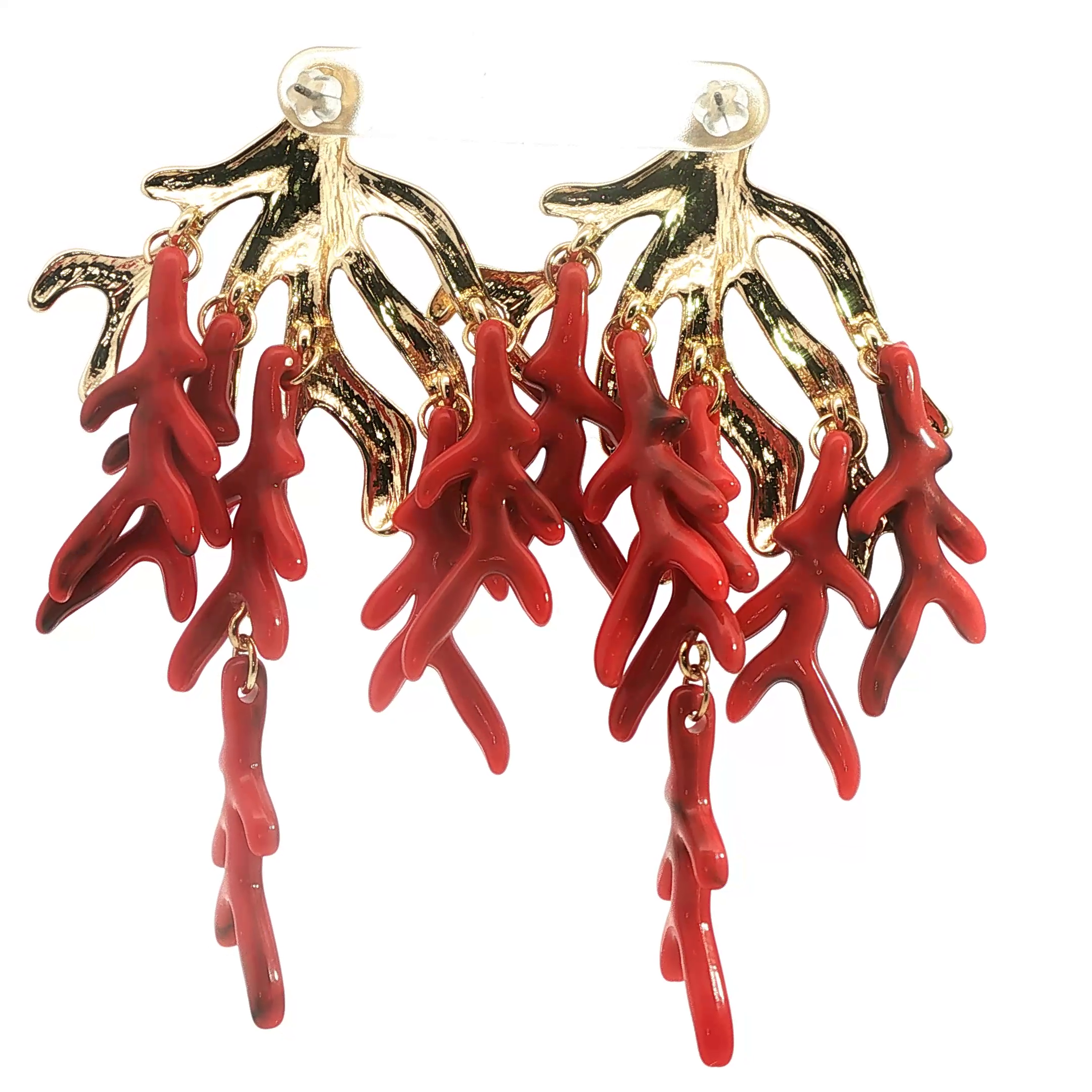 Yellow Gold and Red Coral Branch Drop Earrings