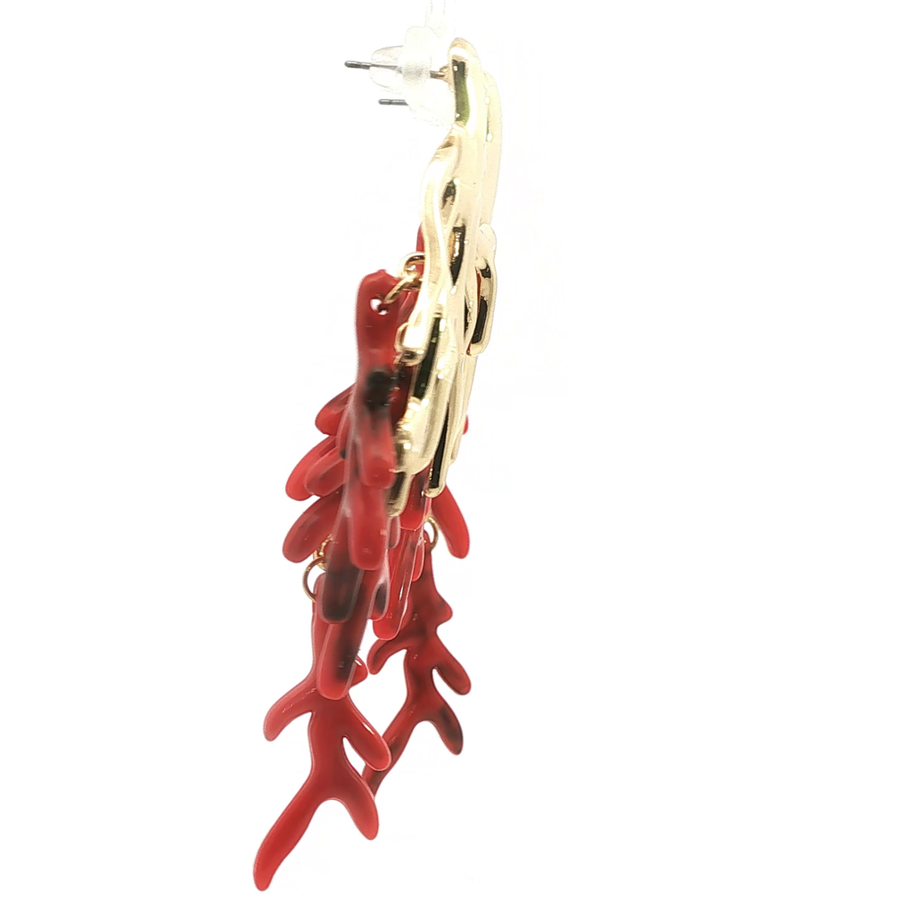 Yellow Gold and Red Coral Branch Drop Earrings