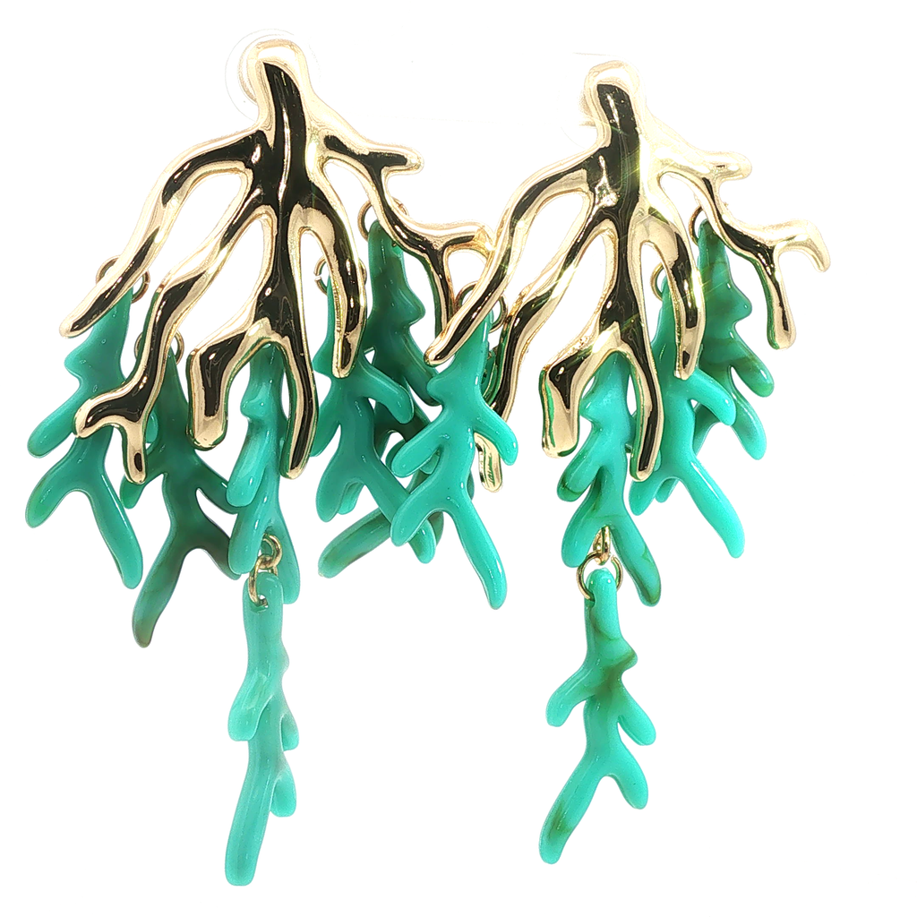 Yellow Gold Green Coral Branch Drop Earrings