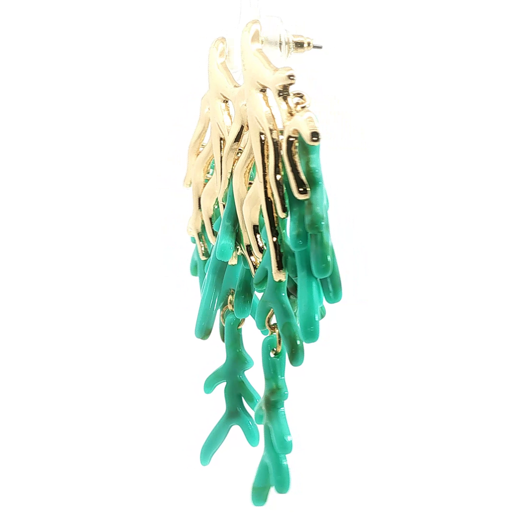 Yellow Gold Green Coral Branch Drop Earrings