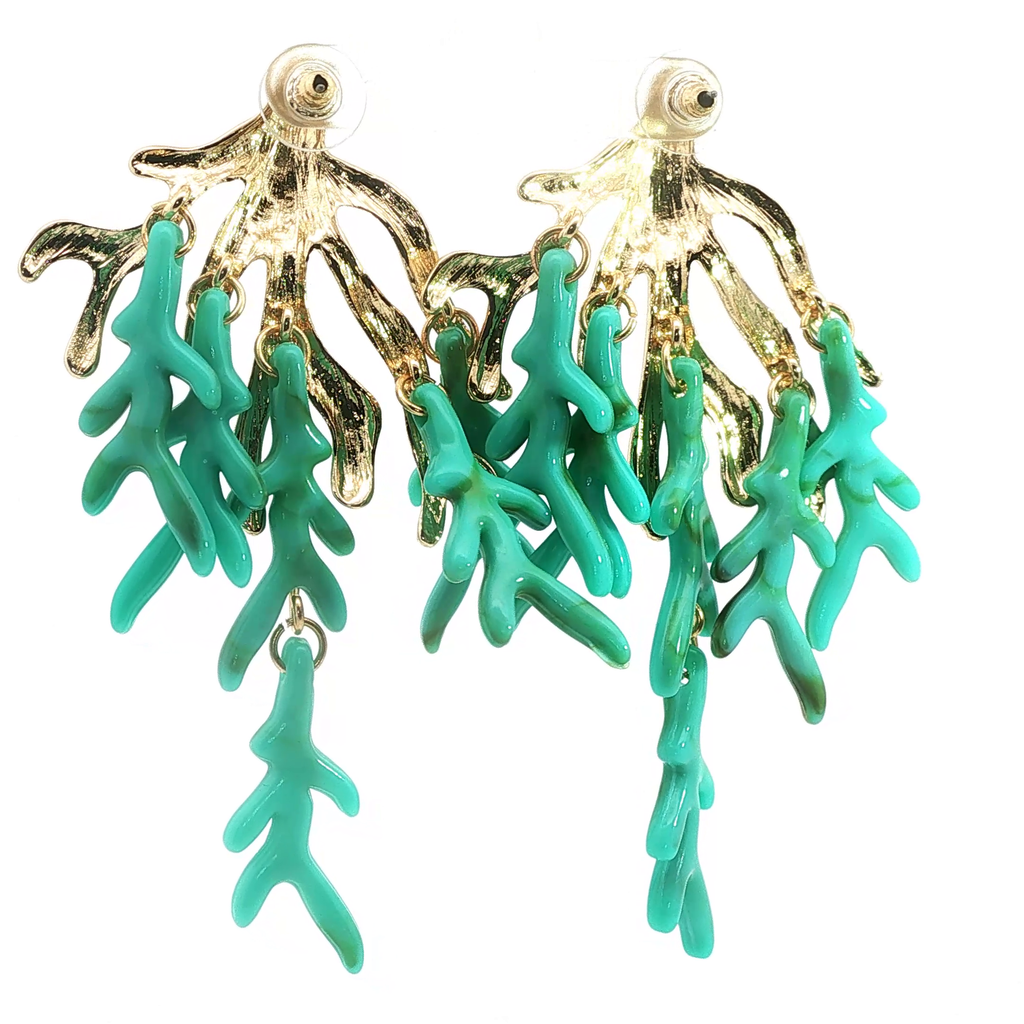 Yellow Gold Green Coral Branch Drop Earrings