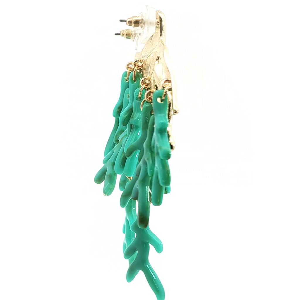 Yellow Gold Green Coral Branch Drop Earrings