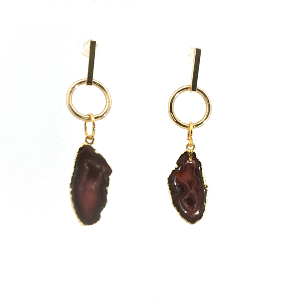 Geometric Yellow Gold and Agate Slice Dangle Earrings