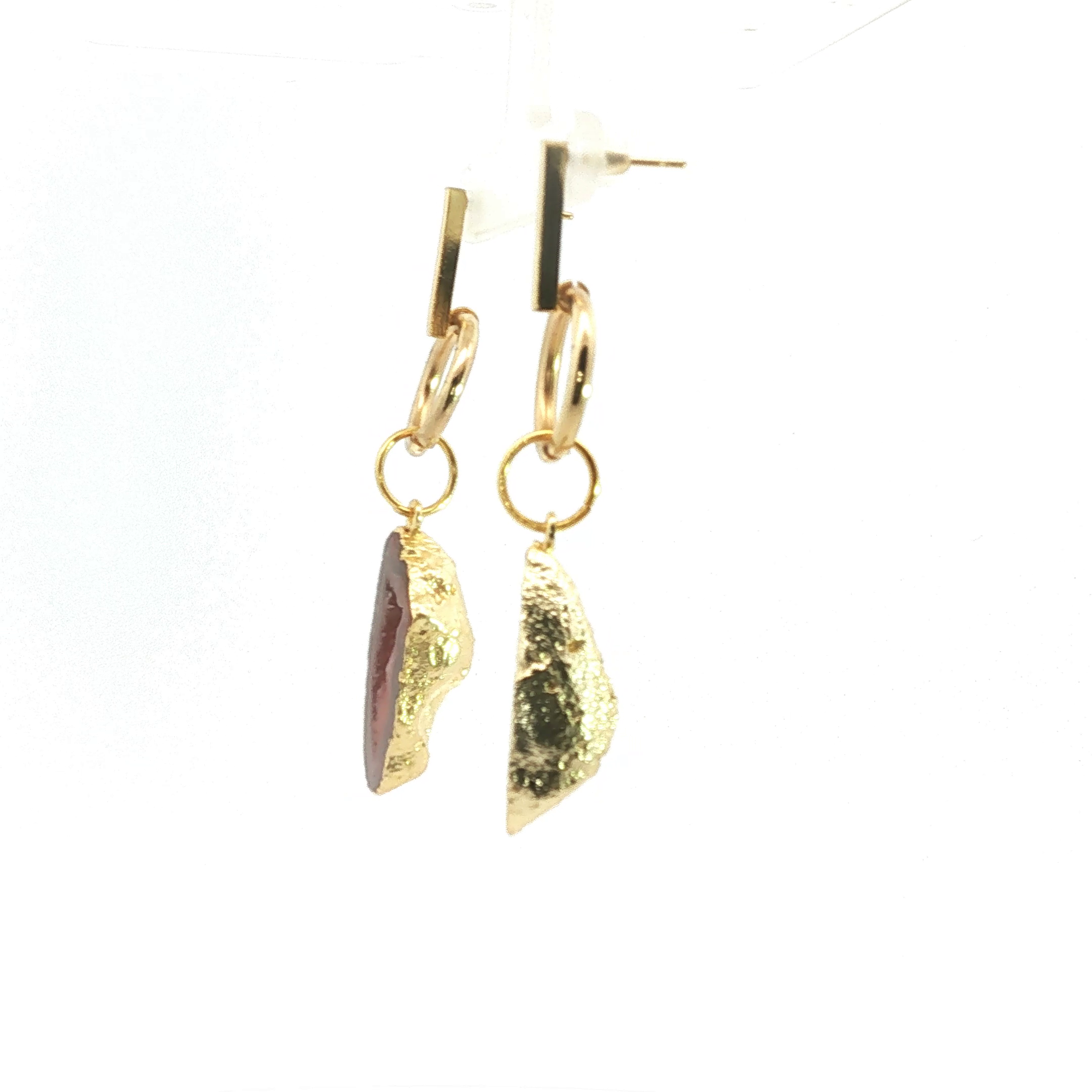 Geometric Yellow Gold and Agate Slice Dangle Earrings