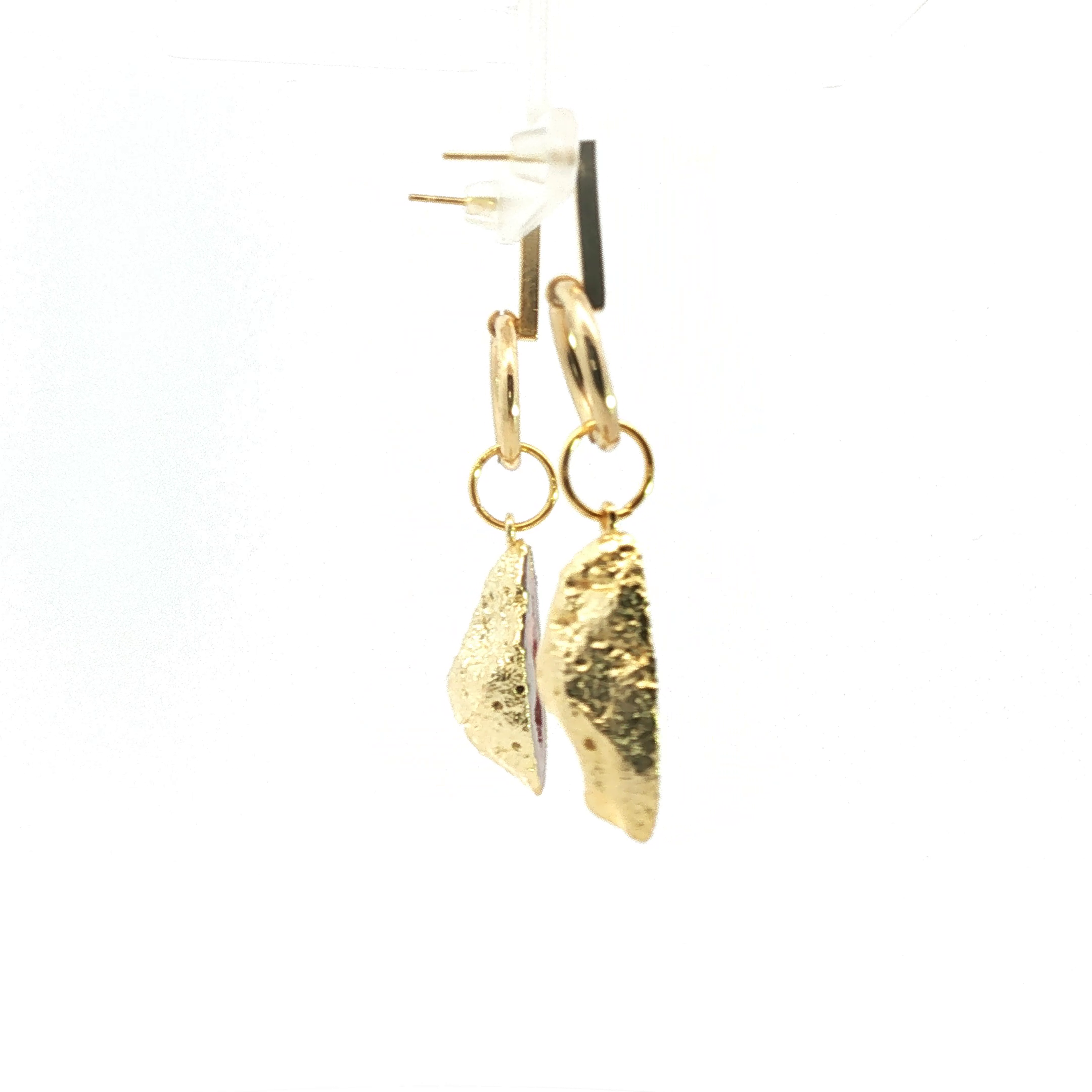 Geometric Yellow Gold and Agate Slice Dangle Earrings