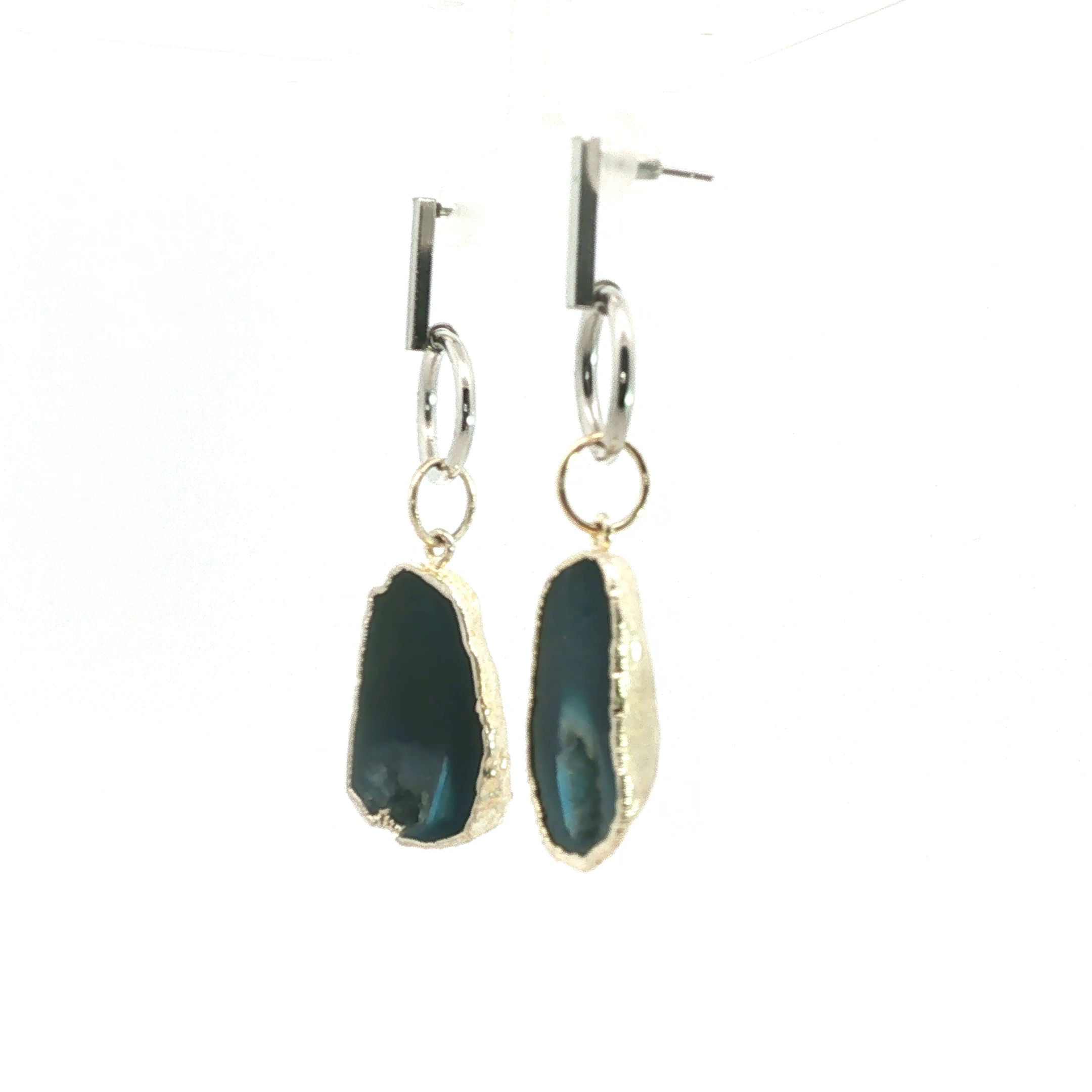 Silver Geometric Agate Slice Dangle Earrings