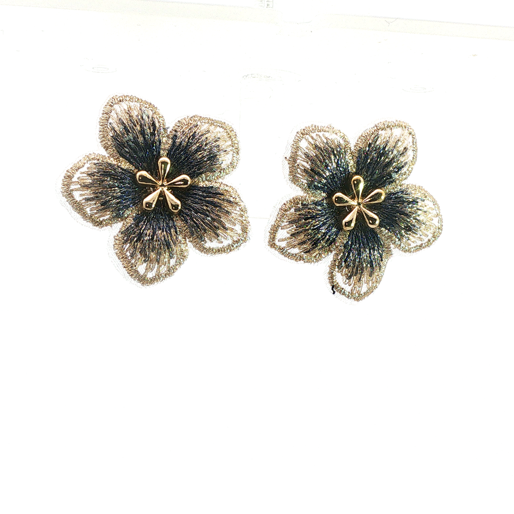 Embroidered Floral Stud Earrings in Blue and Gold