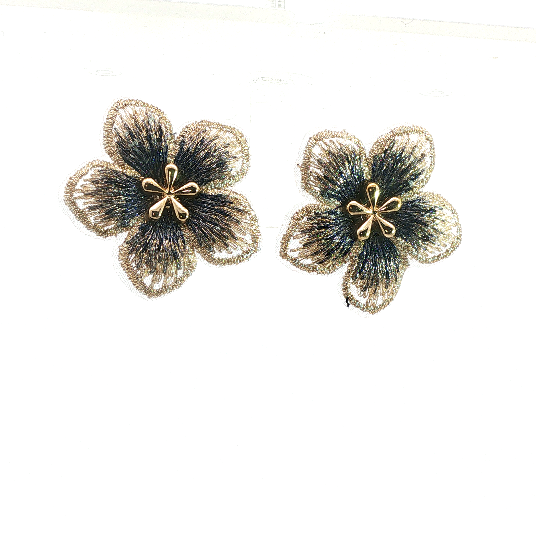 Embroidered Floral Stud Earrings in Blue and Gold