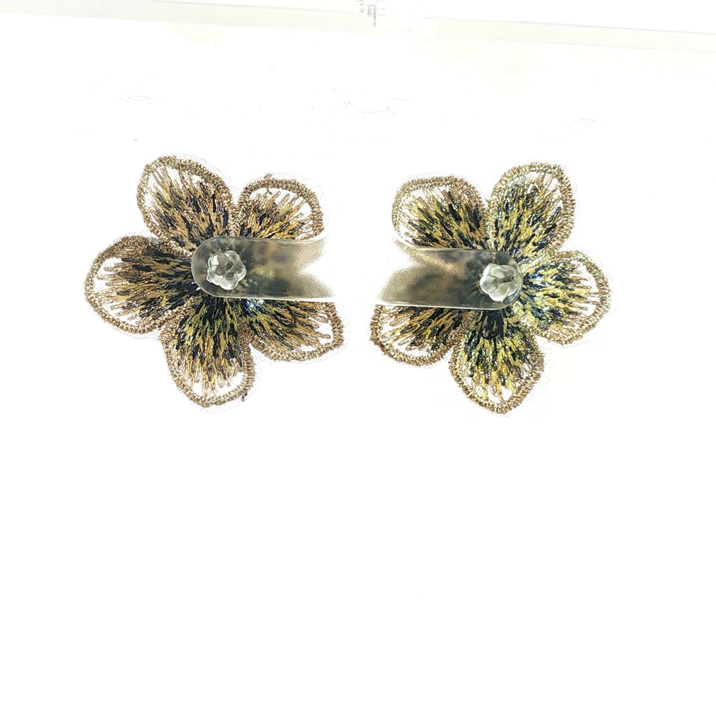 Embroidered Floral Stud Earrings in Blue and Gold