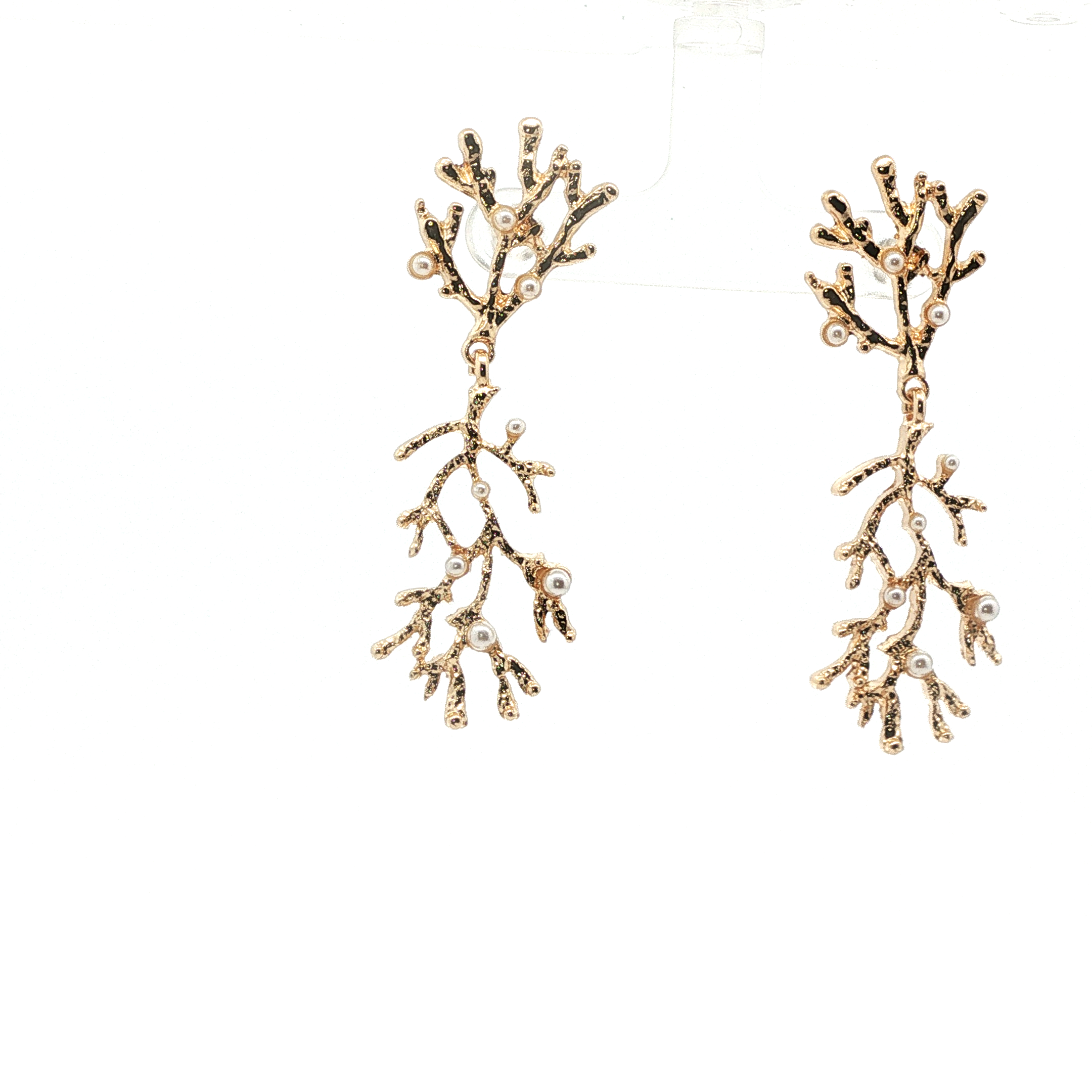Yellow Gold Coral Branch Pearl Drop Earrings