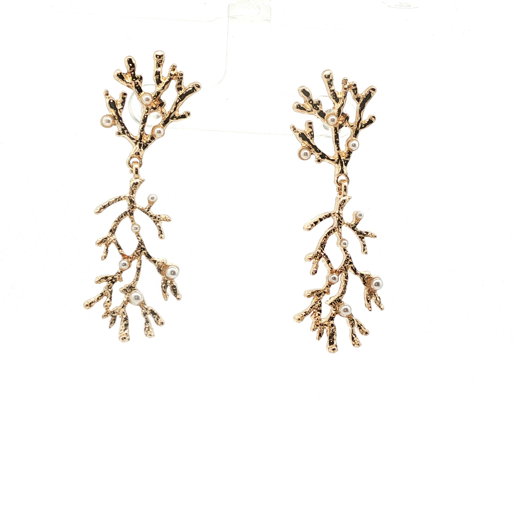 Yellow Gold Coral Branch Pearl Drop Earrings