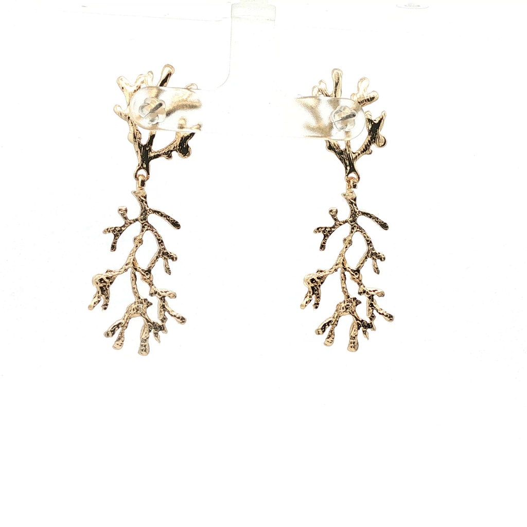 Yellow Gold Coral Branch Pearl Drop Earrings