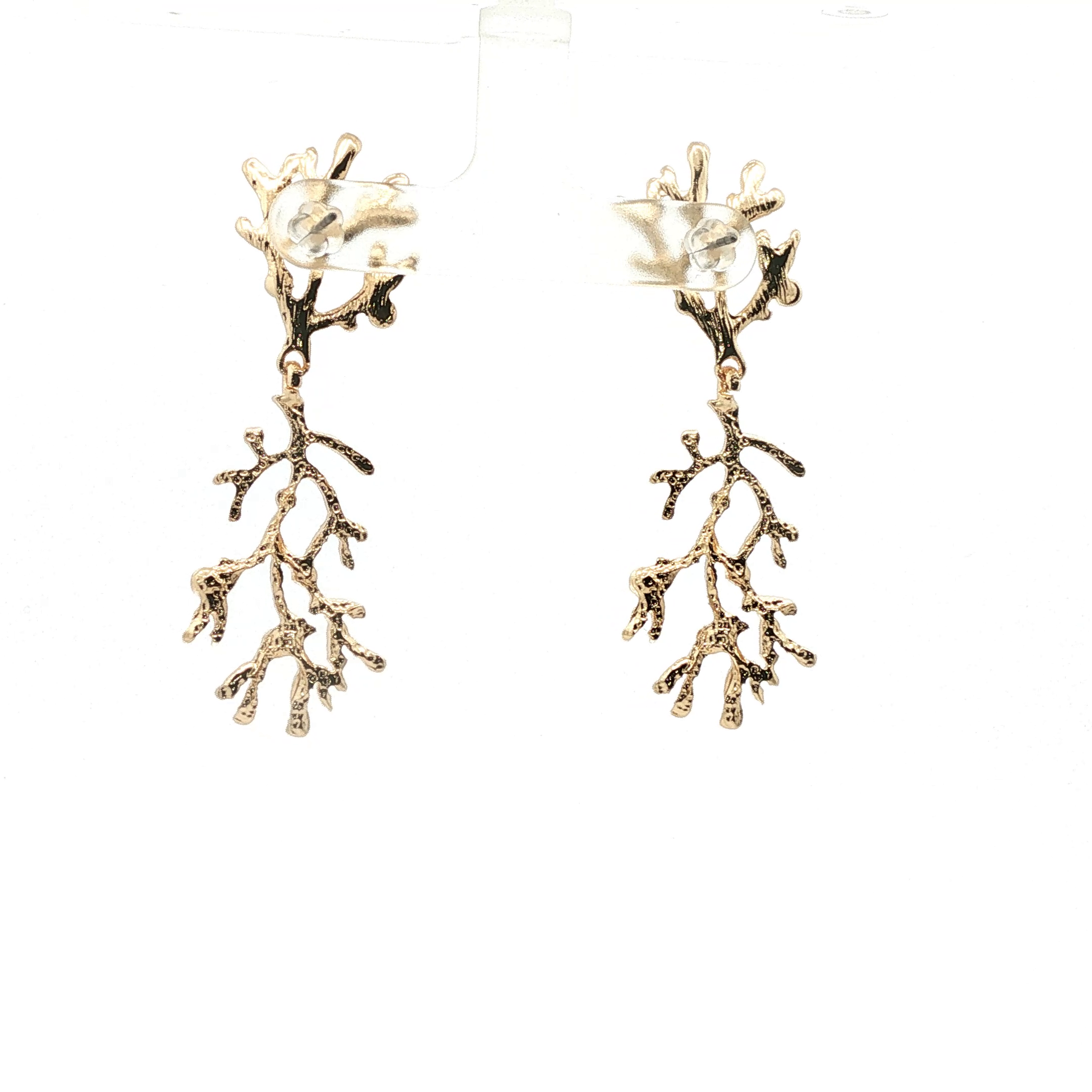 Yellow Gold Coral Branch Pearl Drop Earrings
