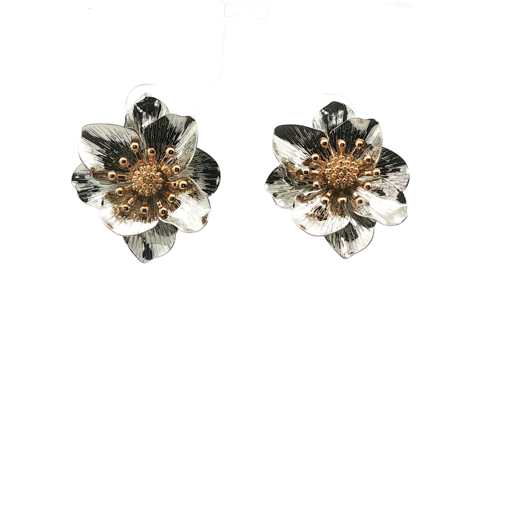 White Gold Textured Floral Stud Earrings