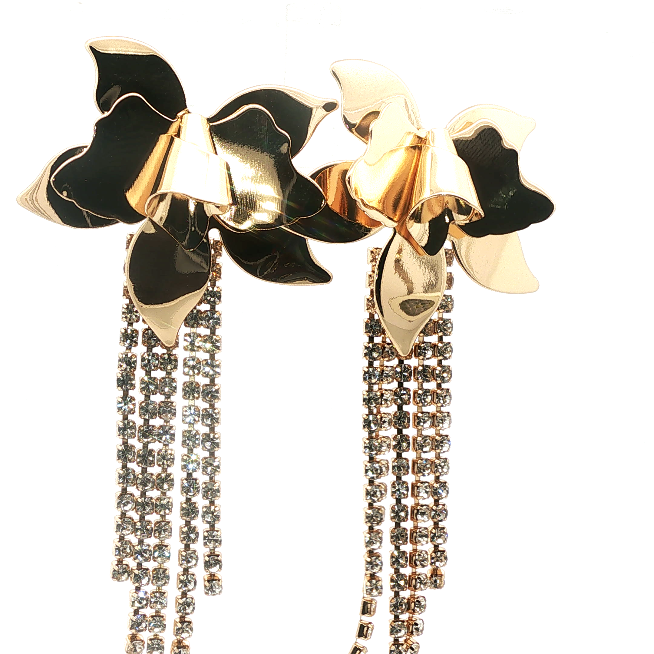 Yellow Gold Floral Crystal Fringe Dangle Earrings
