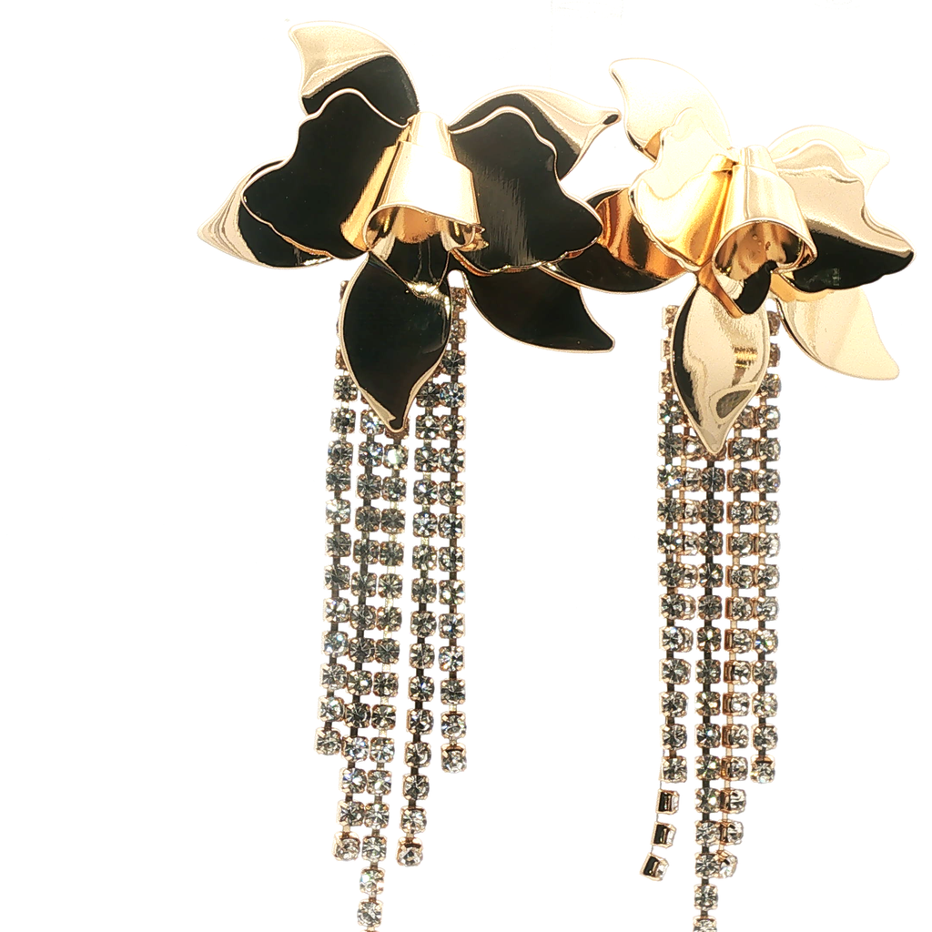 Yellow Gold Floral Crystal Fringe Dangle Earrings