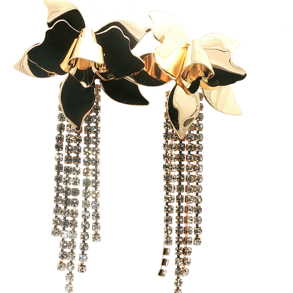 Yellow Gold Floral Crystal Fringe Dangle Earrings
