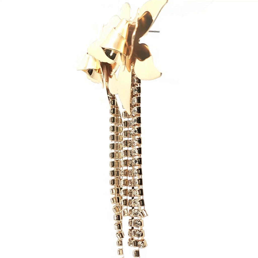 Yellow Gold Floral Crystal Fringe Dangle Earrings