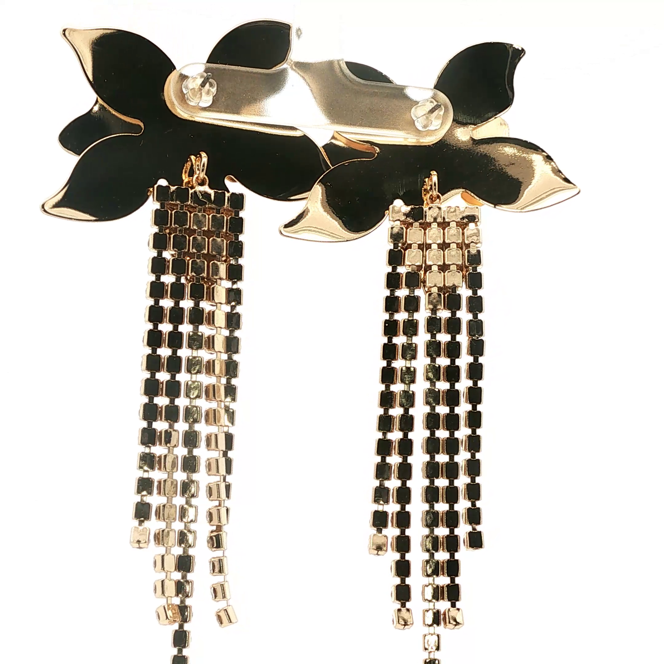 Yellow Gold Floral Crystal Fringe Dangle Earrings