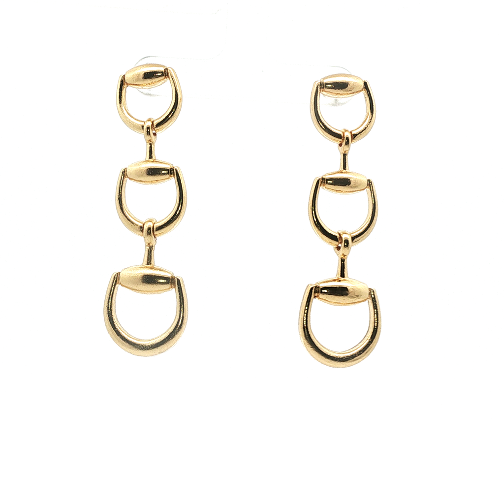 Yellow Gold Triple Horsebit Drop Earrings