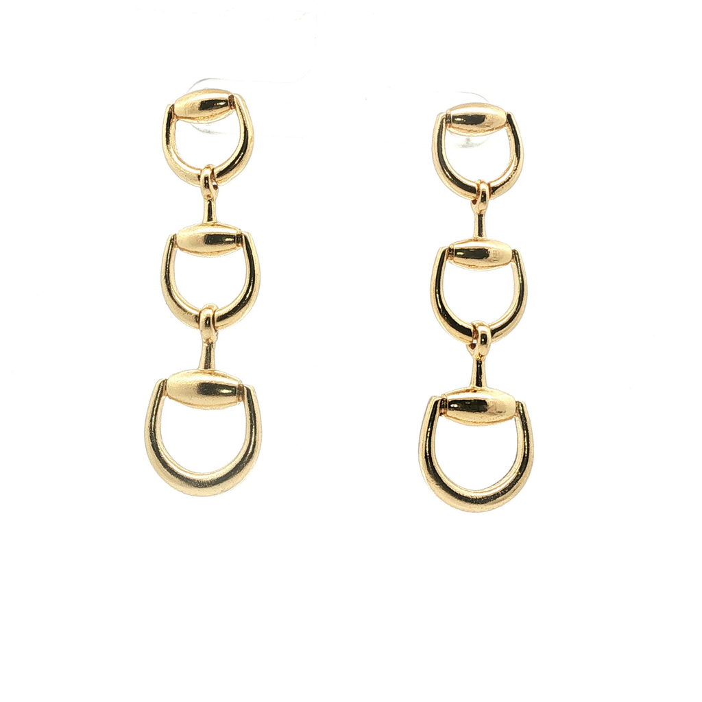 Yellow Gold Triple Horsebit Drop Earrings