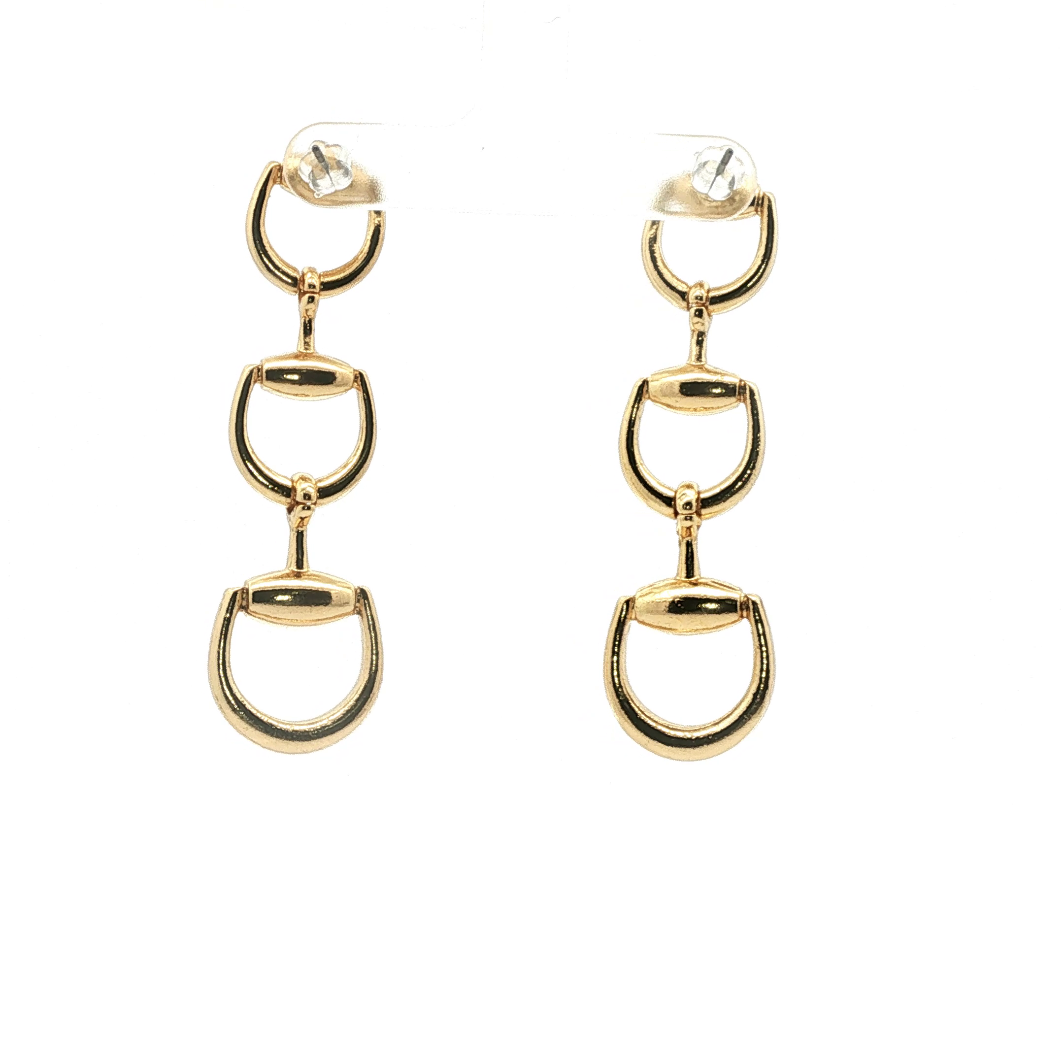 Yellow Gold Triple Horsebit Drop Earrings