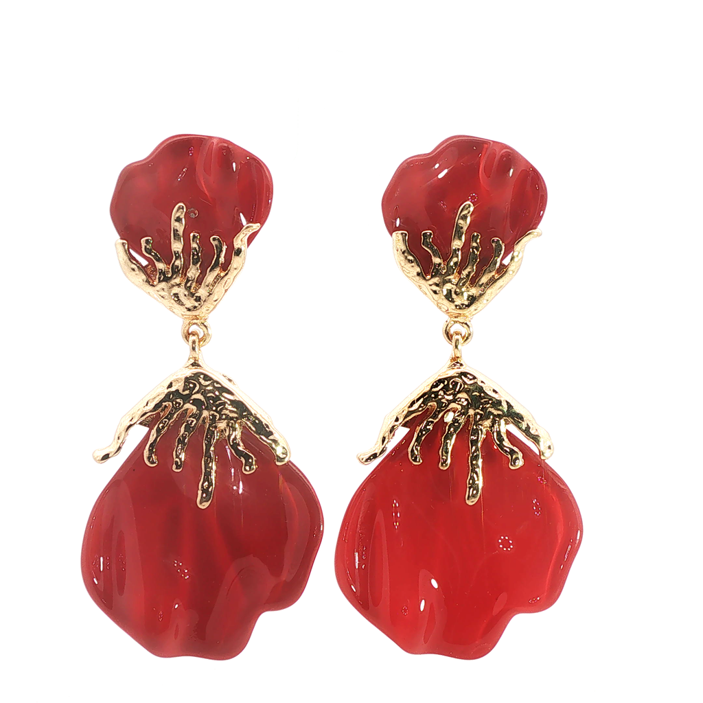 Organic Textured Yellow Gold and Red Ruby Drop Earrings