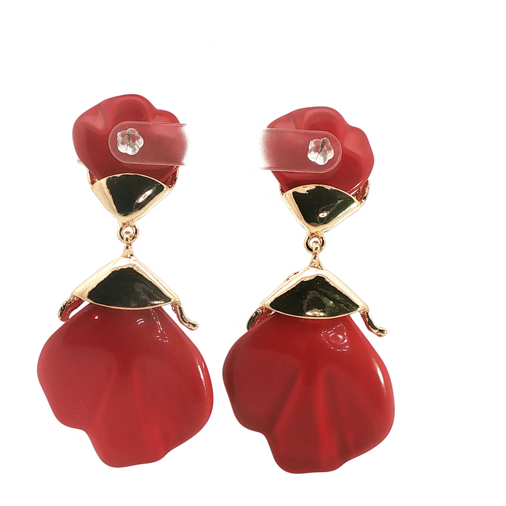 Organic Textured Yellow Gold and Red Ruby Drop Earrings