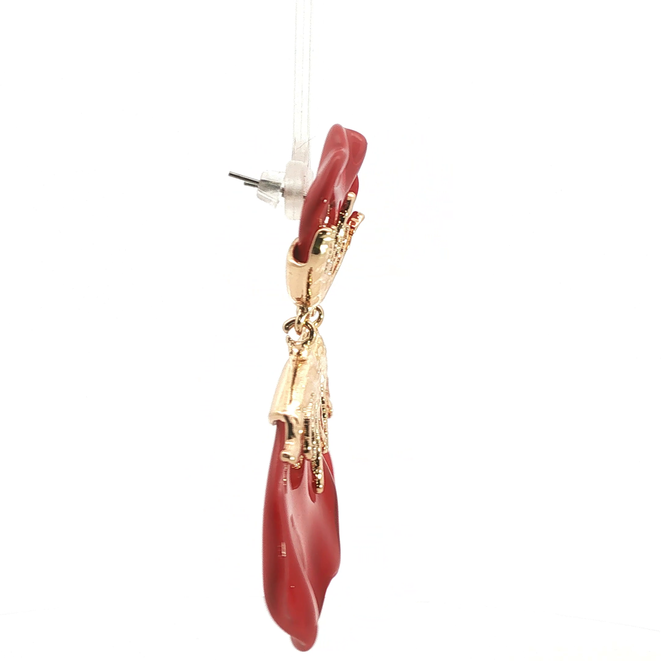 Organic Textured Yellow Gold and Red Ruby Drop Earrings