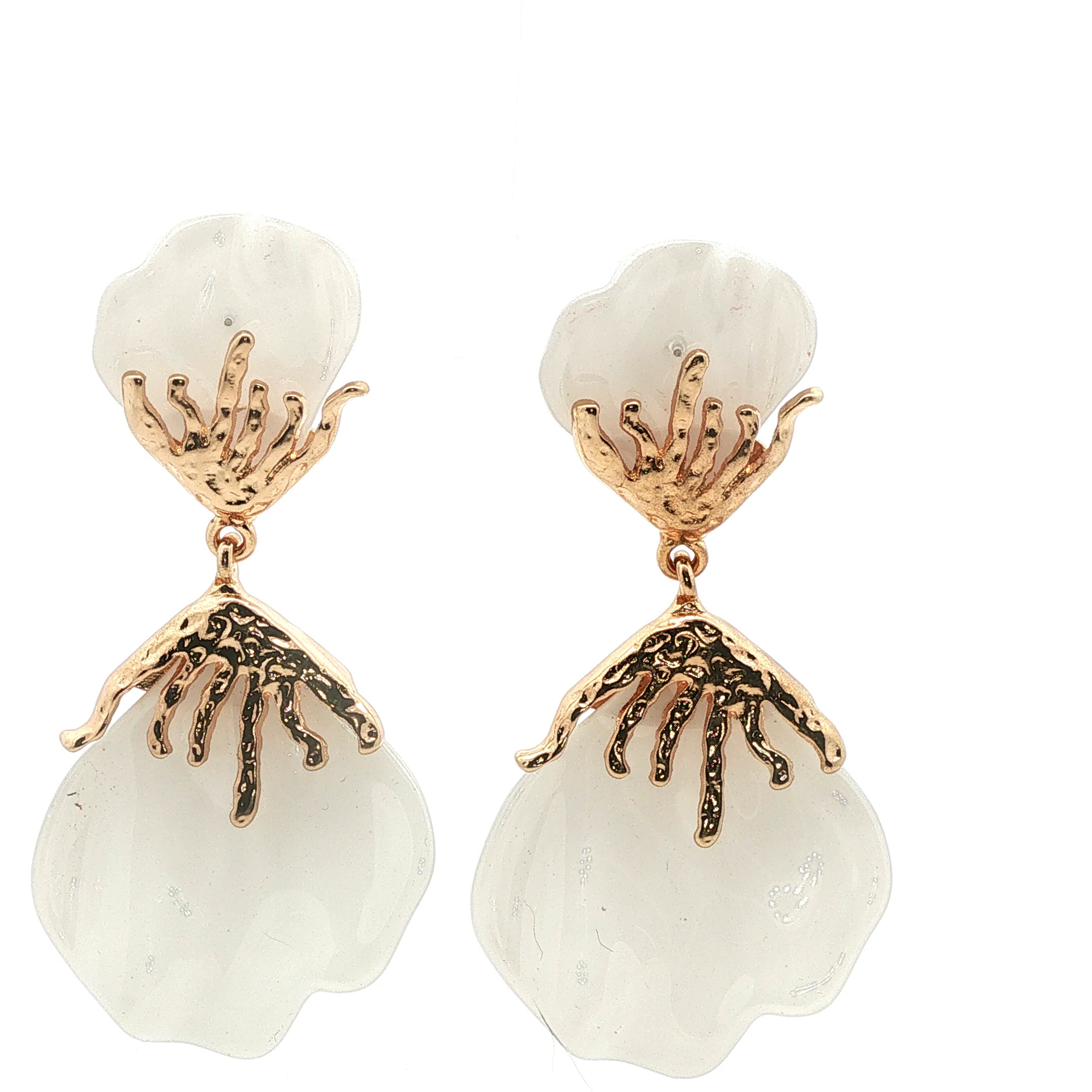 Yellow Gold Textured Drop Earrings with Pearl-Like Elements