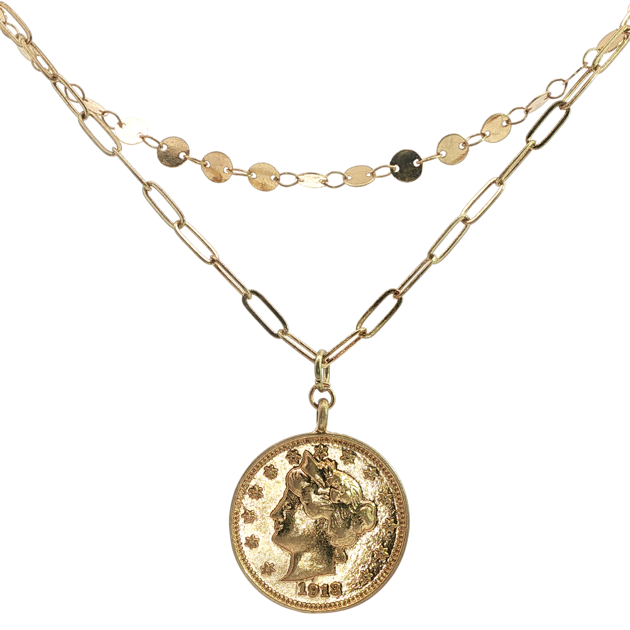 Yellow Gold Layered Necklace with Vintage-Inspired Coin Pendant